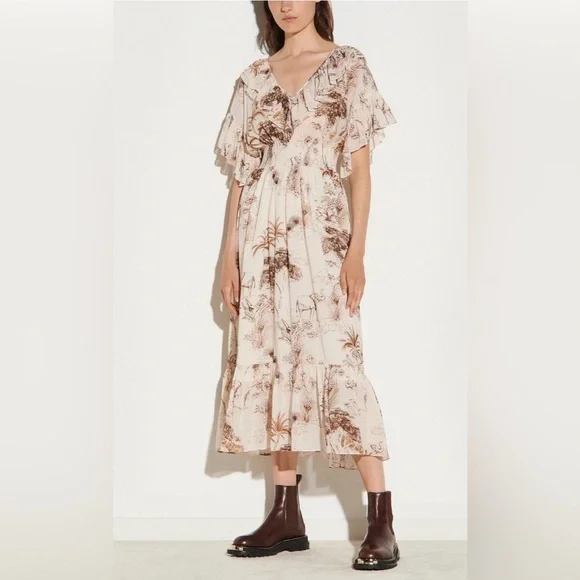 Sandro Paris Marro Ruffled Elephant Toile Midi Dress NWT $490 Size S - Picture 7 of 12